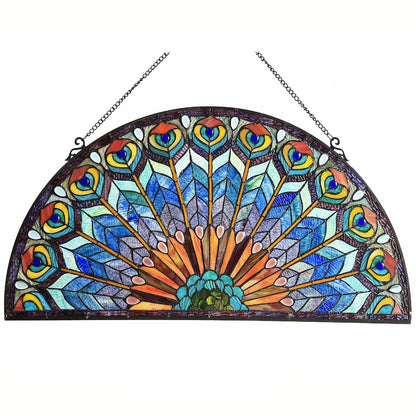 Regal Eudora Tiffany-Style Peacock Feather Glass Window Panel 35"X18"