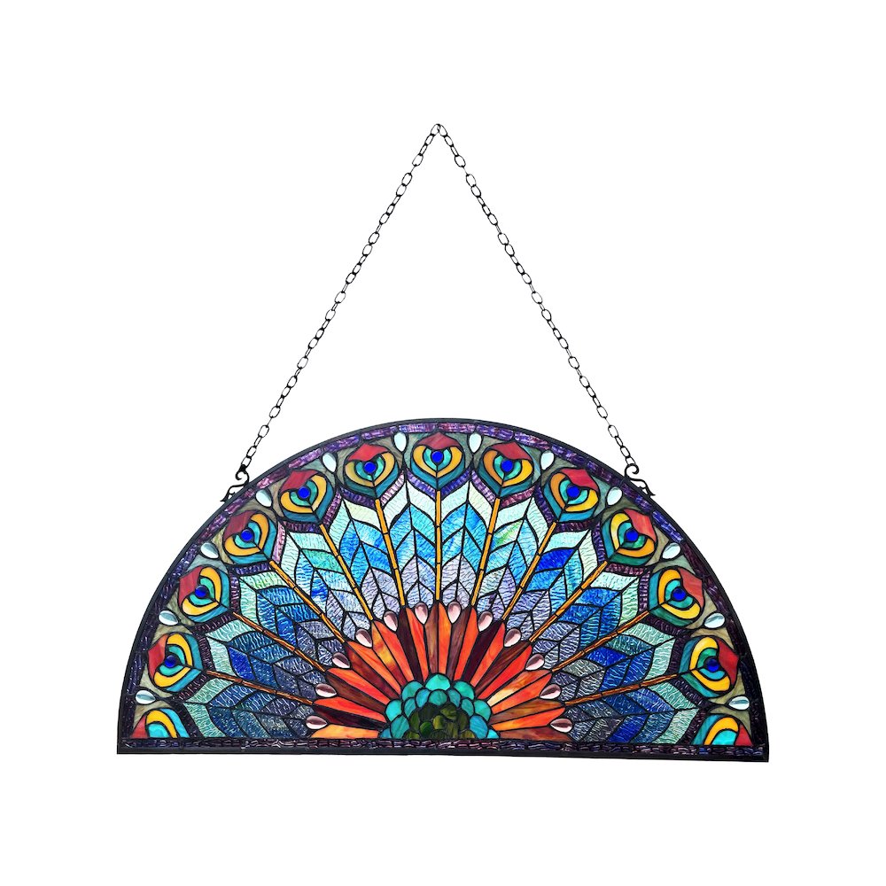 Regal Eudora Tiffany-Style Peacock Feather Glass Window Panel 35"X18"