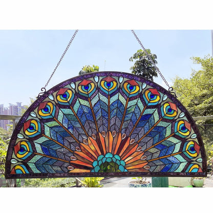 Regal Eudora Tiffany-Style Peacock Feather Glass Window Panel 35"X18"