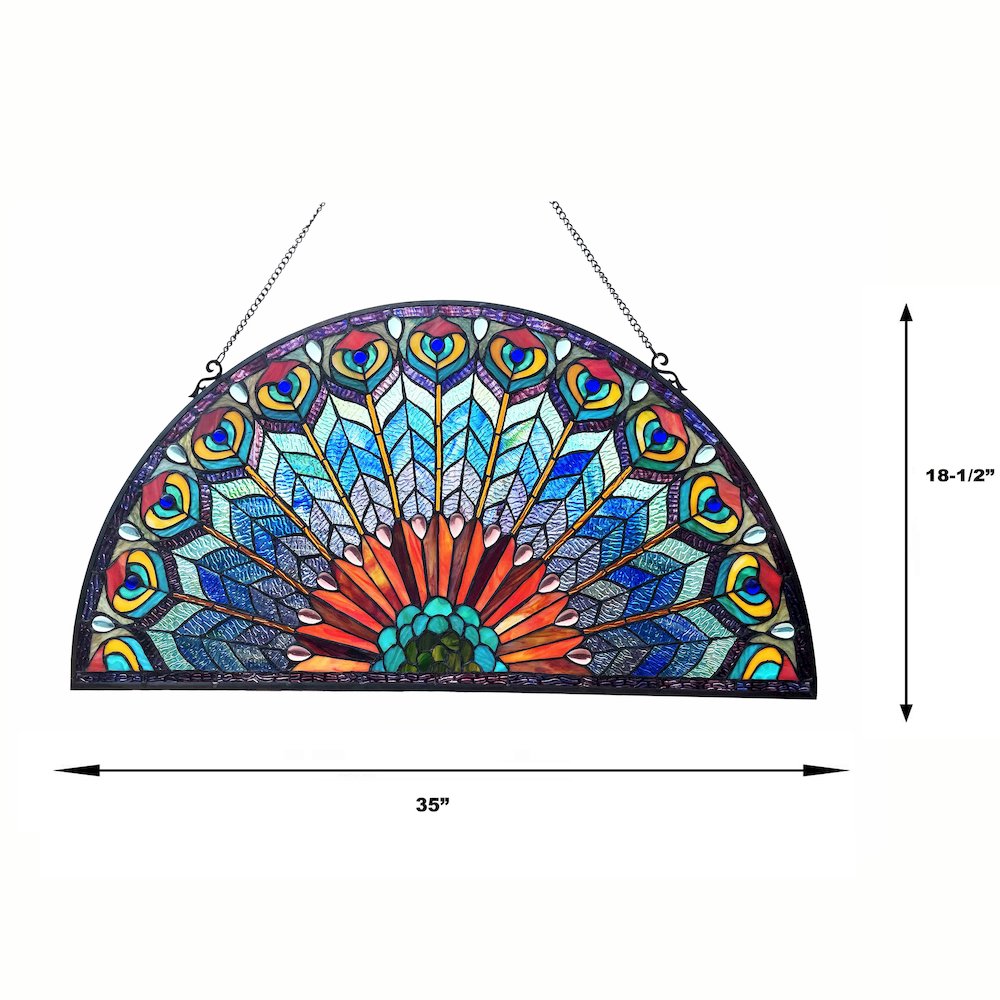 Regal Eudora Tiffany-Style Peacock Feather Glass Window Panel 35"X18"