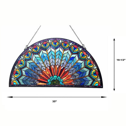 Regal Eudora Tiffany-Style Peacock Feather Glass Window Panel 35"X18"