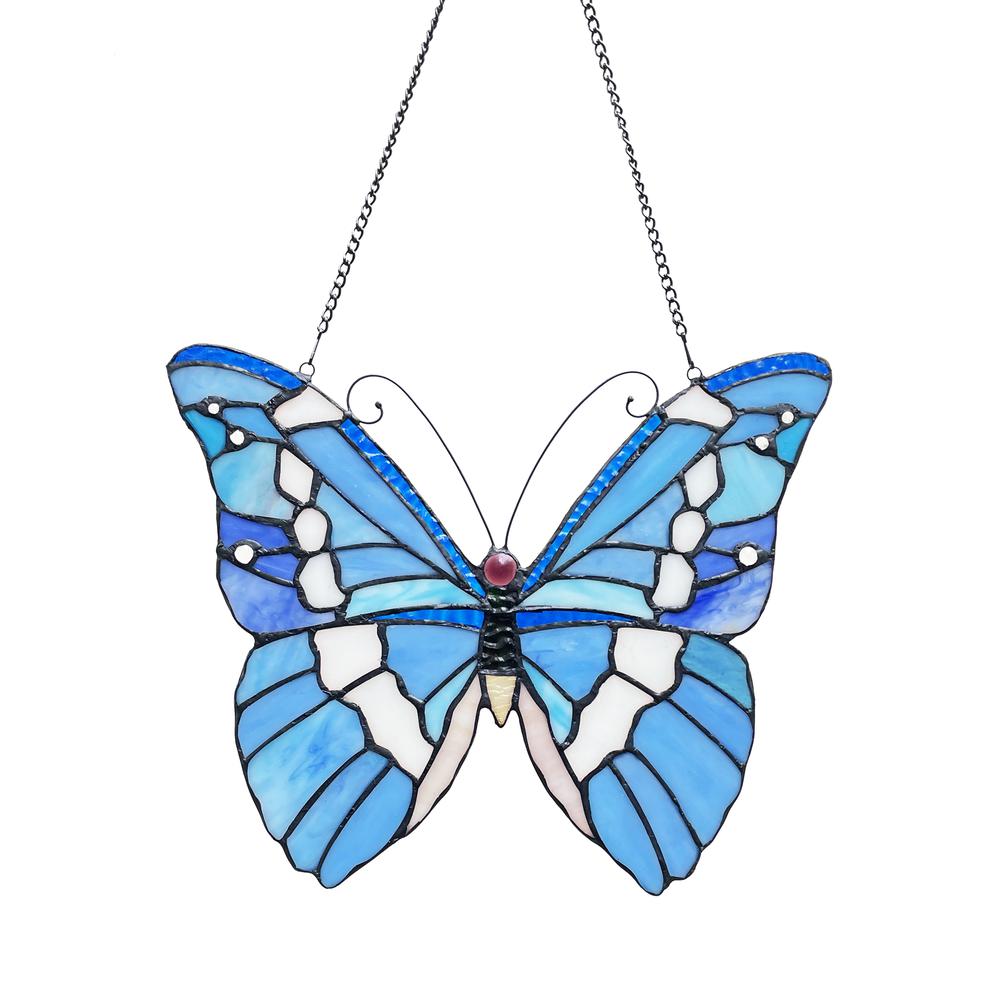 CHLOE Lighting SILVER-STUDDED Butterfly-Style Stained Glass Window Panel 14" Wide