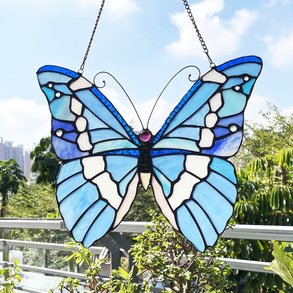CHLOE Lighting SILVER-STUDDED Butterfly-Style Stained Glass Window Panel 14" Wide
