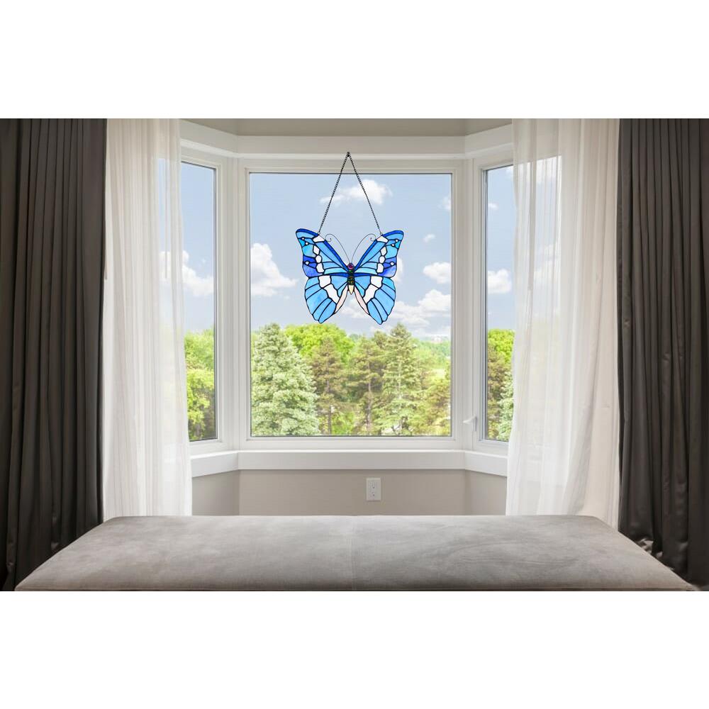 CHLOE Lighting SILVER-STUDDED Butterfly-Style Stained Glass Window Panel 14" Wide