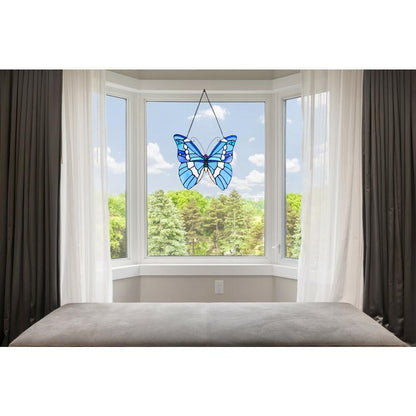 CHLOE Lighting SILVER-STUDDED Butterfly-Style Stained Glass Window Panel 14" Wide