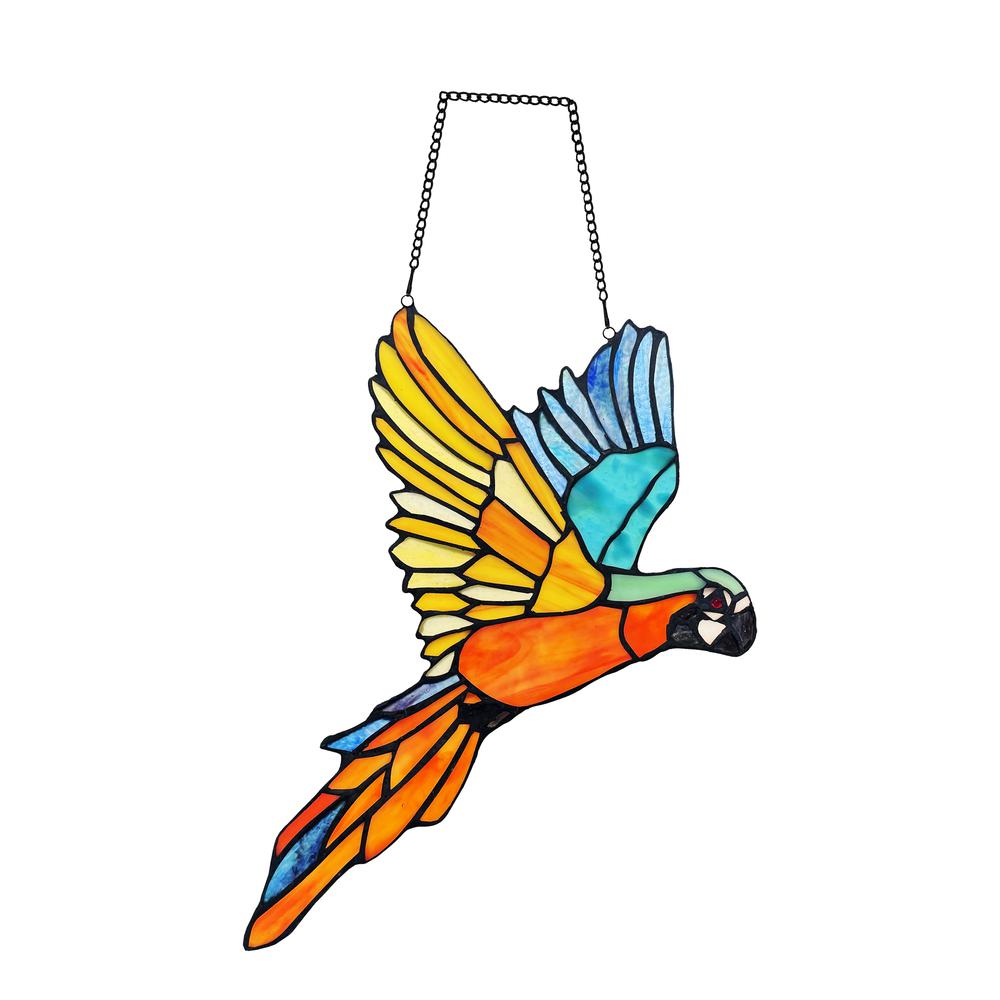 CHLOE Lighting MACAW Animal-Style Stained Glass Window Panel 14" Wide