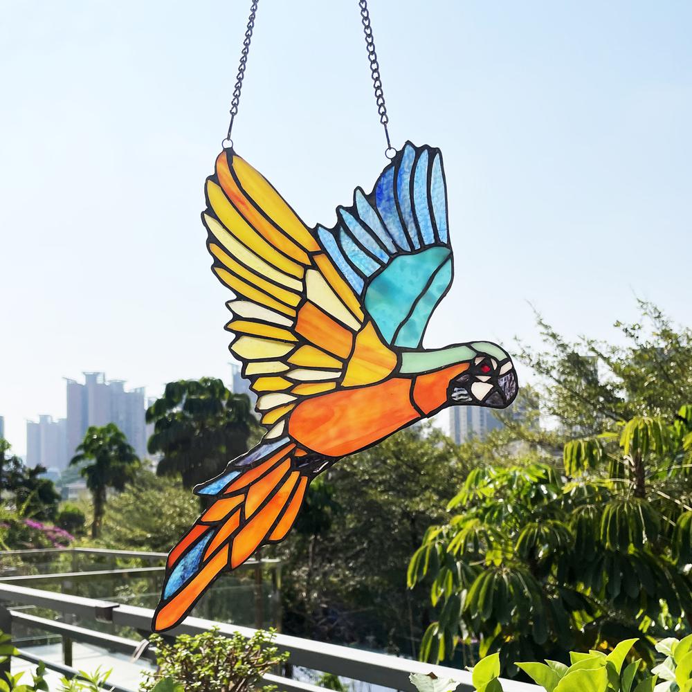 CHLOE Lighting MACAW Animal-Style Stained Glass Window Panel 14" Wide
