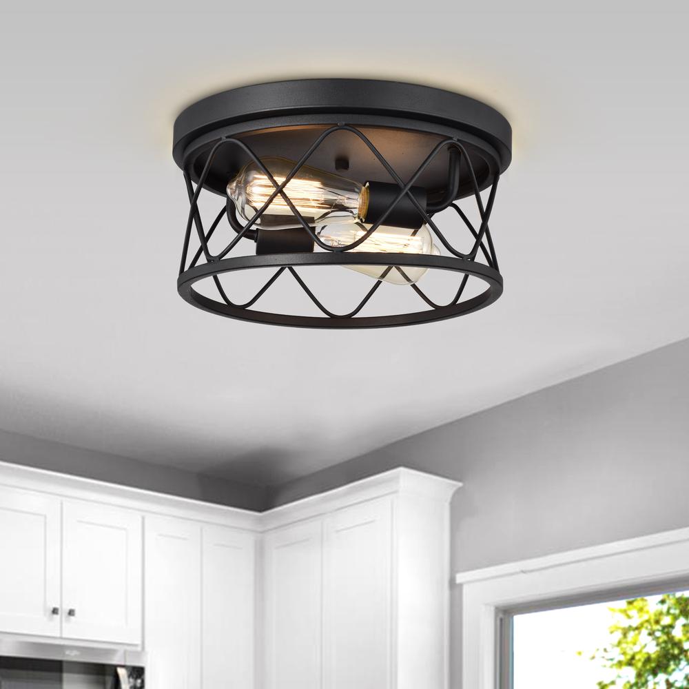 CHLOE Lighting IRONCLAD Industrial 2 Light Textured Black Ceiling Flush Fixture 12" Wide