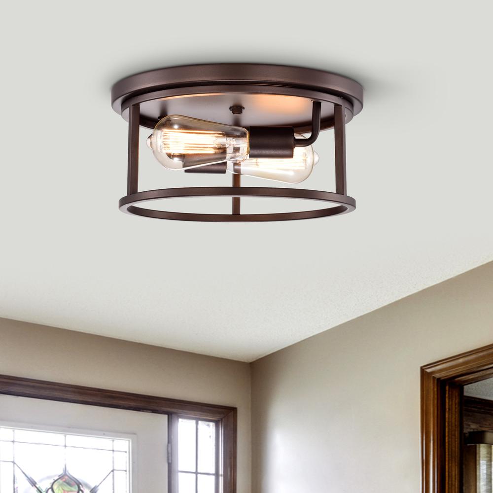 CHLOE Lighting IRONCLAD Industrial 2 Light Oil Rubbed Bronze Ceiling Flush Fixture 12" Wide