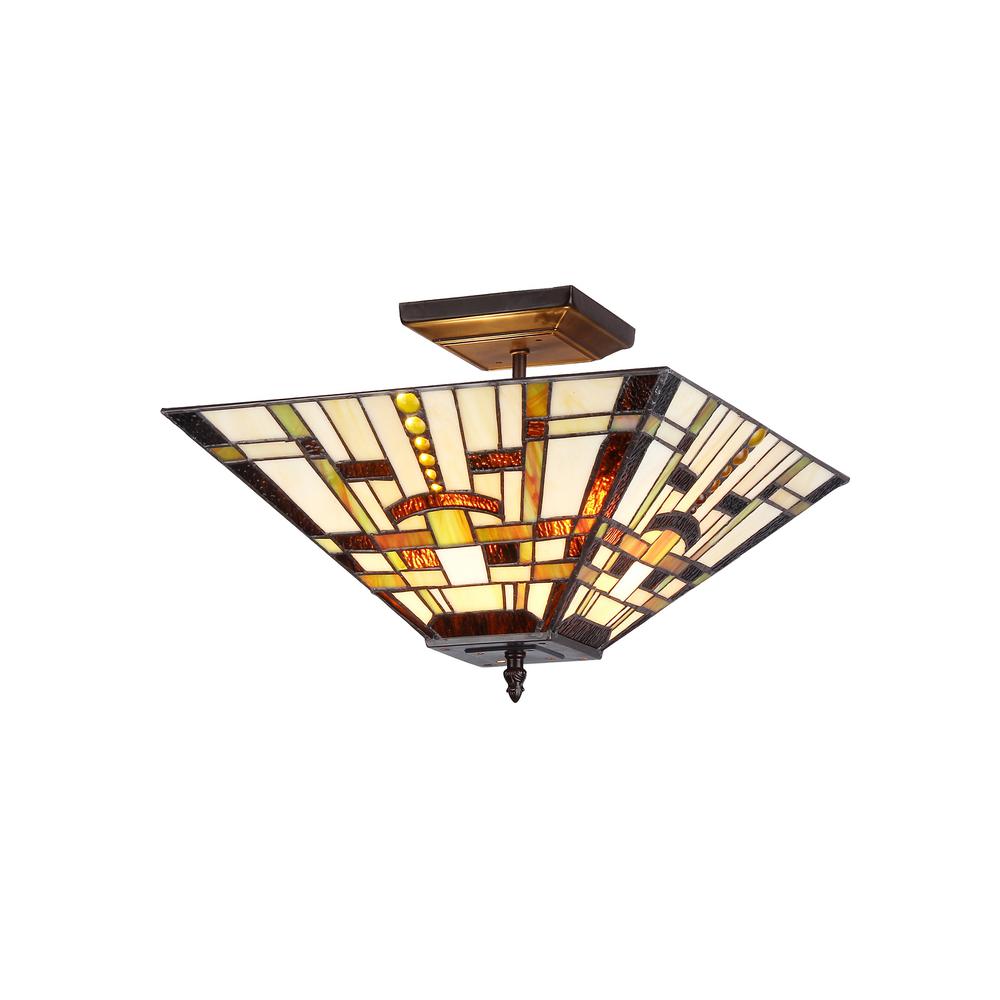 FARLEY Tiffany-style Mission 2 Light Semi-flush Ceiling Fixture 14" Shade