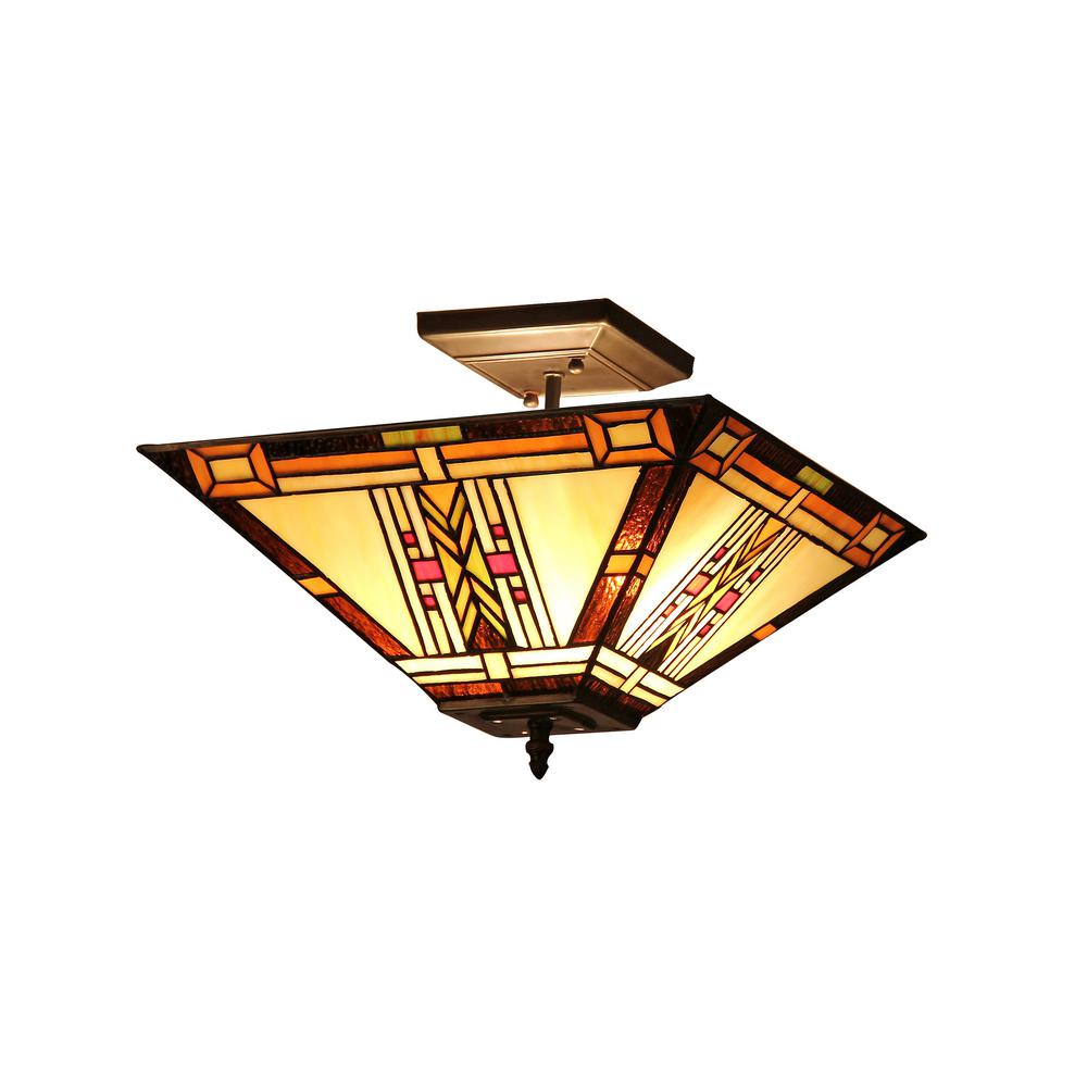 GODE Tiffany-style 2 Light Mission Semi-flush Ceiling Fixture 14" Shade
