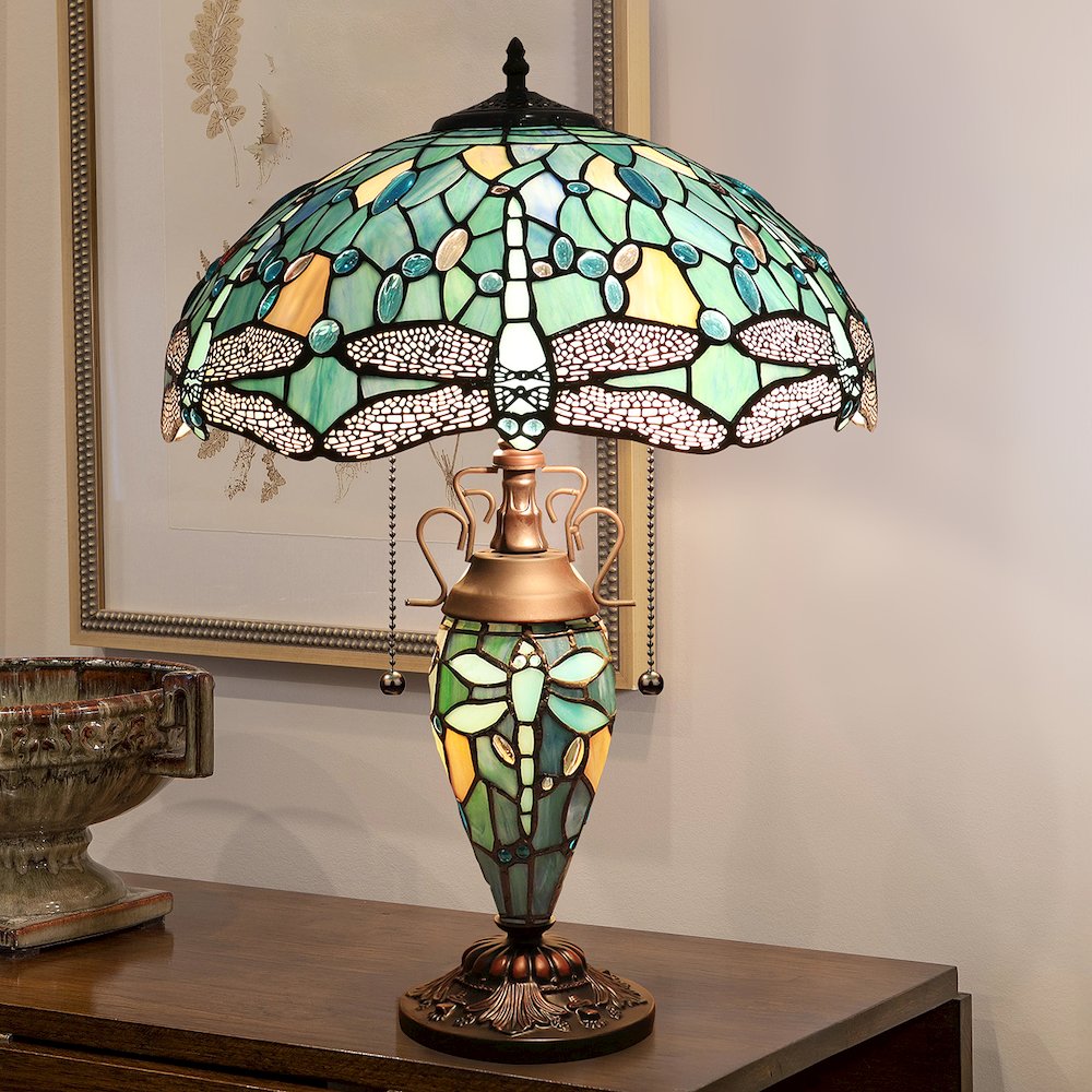 Sunniva Dragonfly Tiffany-Style 3-Light Double Lit Table Lamp 16" Shade