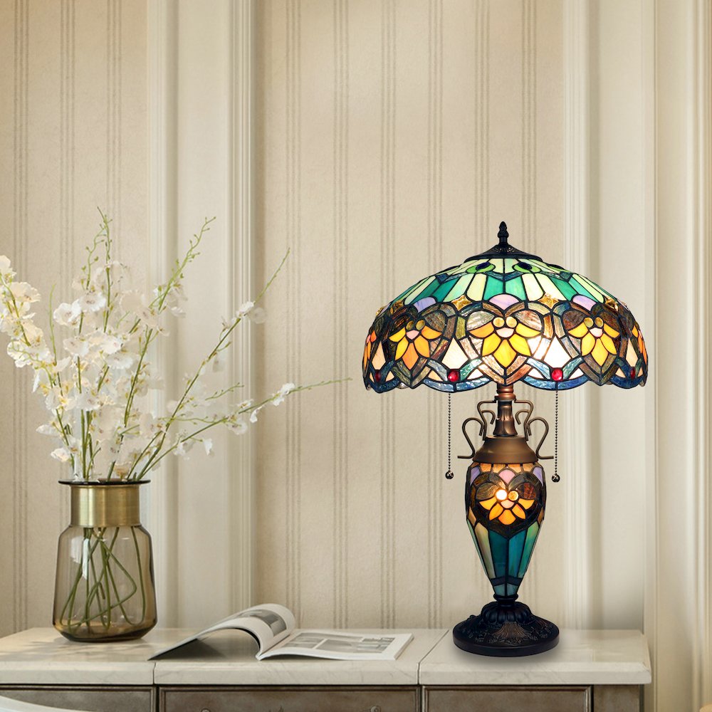 Kendall Tiffany-Style 3-Light Victorian Double Lit Table Lamp 16" Shade