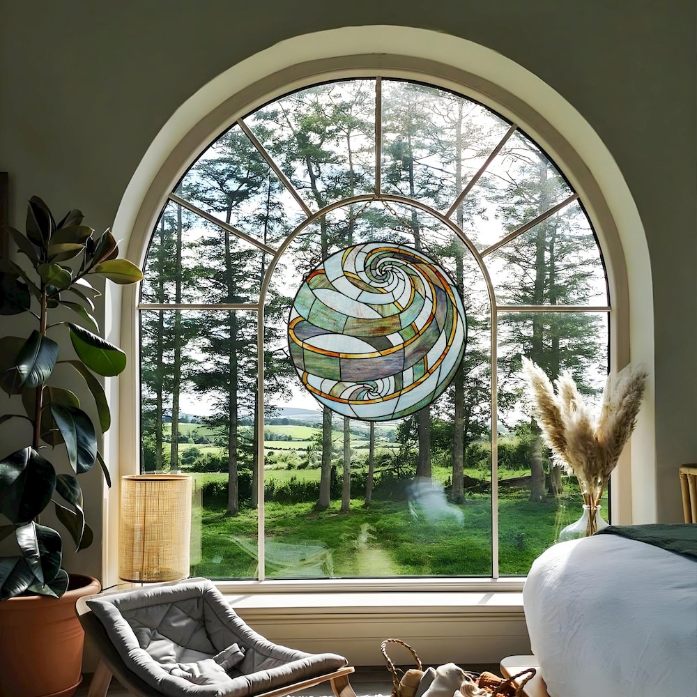 Terra Tiffany-Style Geometric Stained Glass Window Panel 23" Width