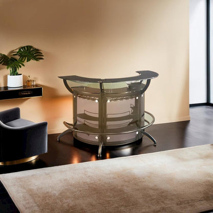 Sleek and Modern Two-Shelf Curved Bar Table in Black with Glass Accents