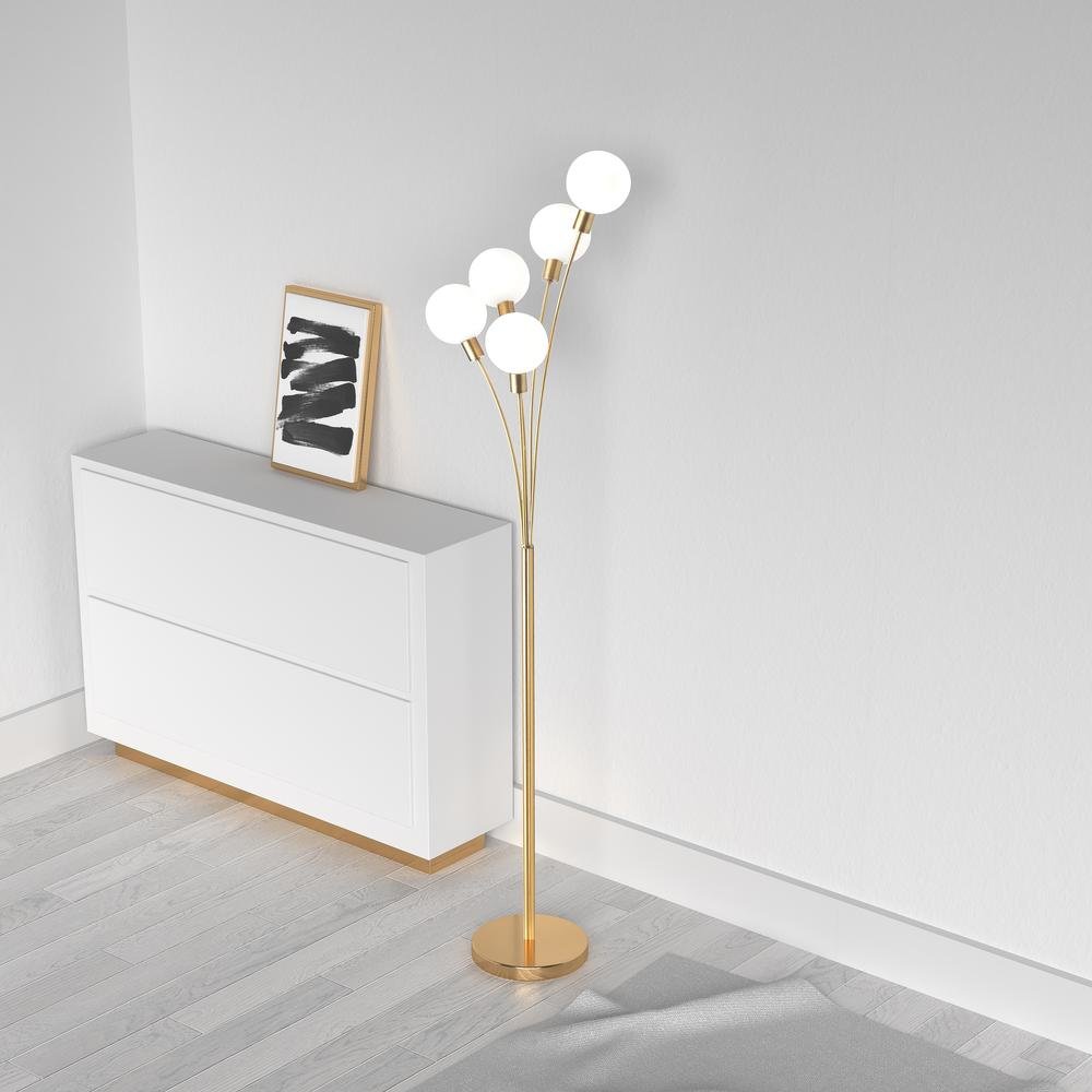 5LT Incandescent Floor Lamp, Aged Brass,WH Glass