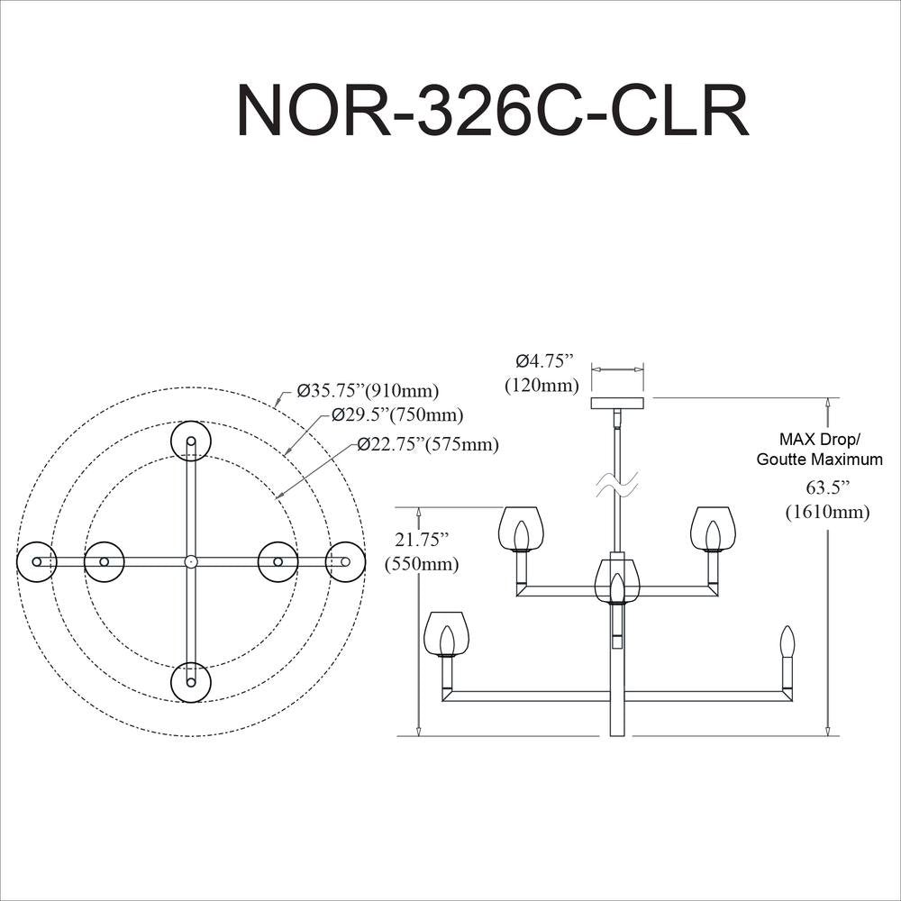 6LT Chandelier,  AGB, CLR Glass