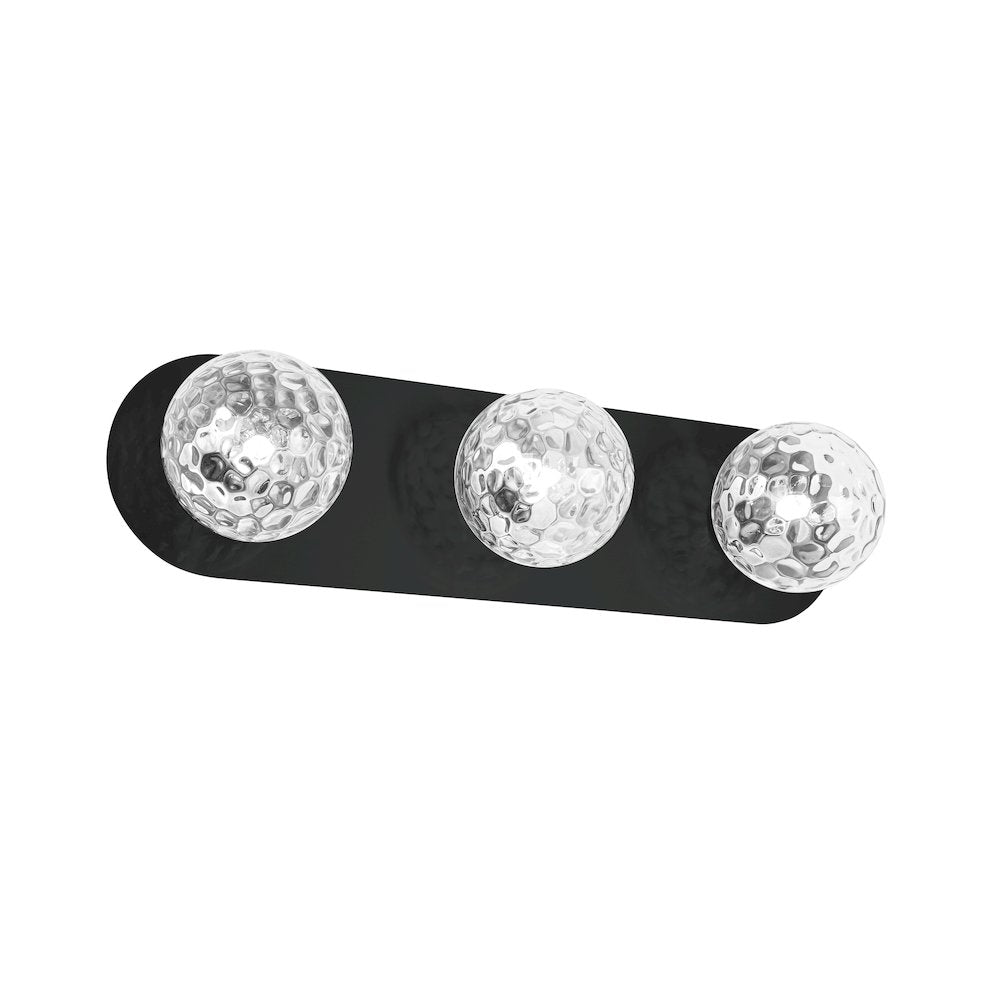 3 Light Vanity in Matte Black w/ Clear Hammered Glass