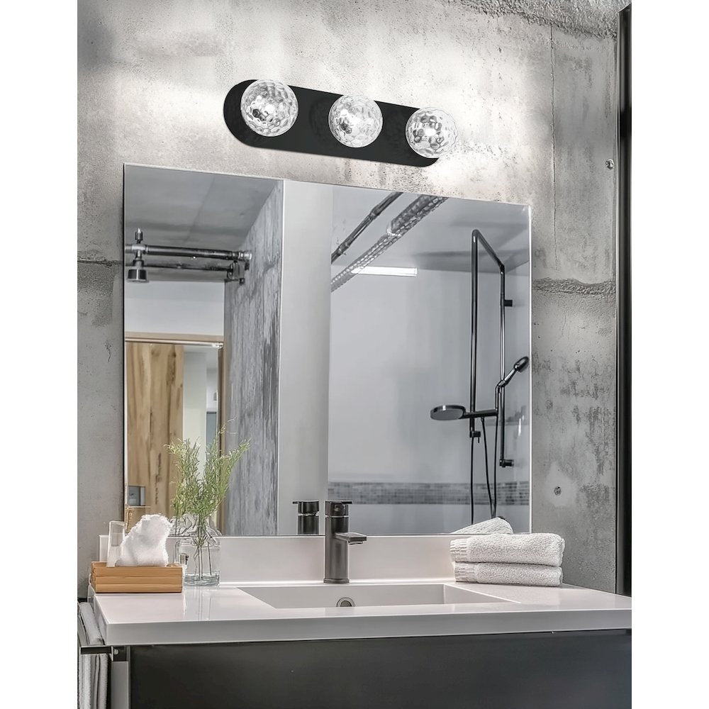 3 Light Vanity in Matte Black w/ Clear Hammered Glass
