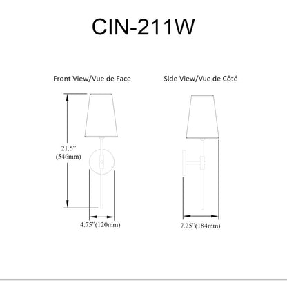 1 Light Incandescent Wall Satin Chrome Matte Black with White Shade