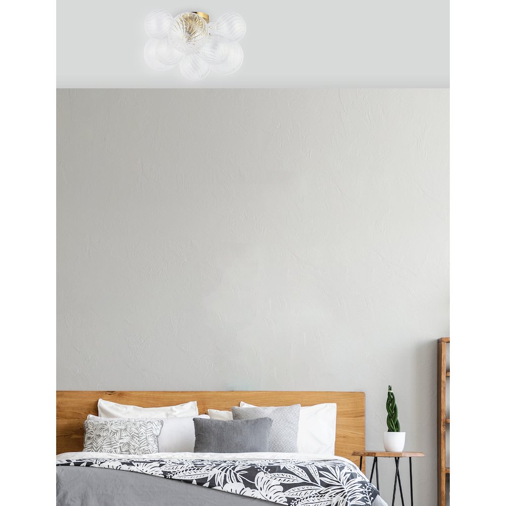 3 Light Flush Mount, Aged Brass w/ Clear Spiral Glass