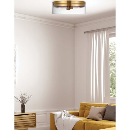 2 Light Incandescent Flush Mount Aged Brass with Clear Glass