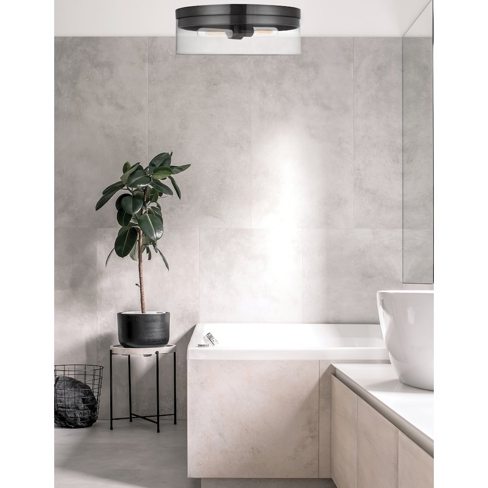 2 Light Incandescent Flush Mount Matte Black with Clear Glass
