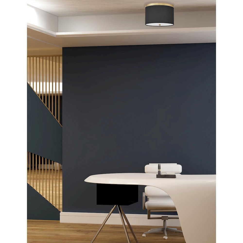 2 Light Flush Mount Aged Brass with Black Shade
