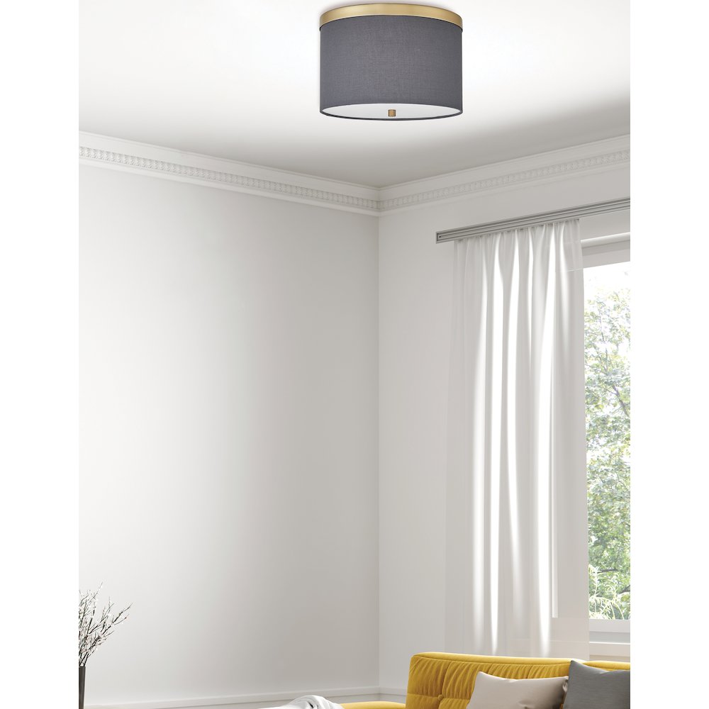 2 Light Flush Mount Aged Brass with Grey Shade