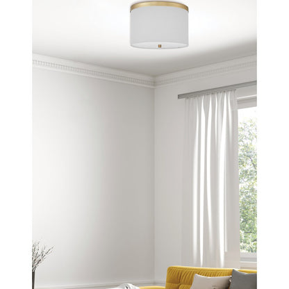 2 Light Flush Mount Aged Brass with White Shade