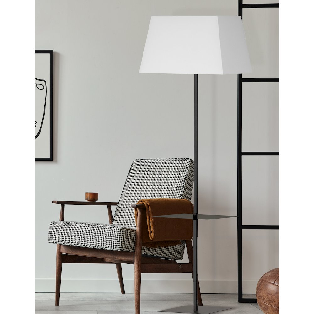 1 Light Incandescent Square Base Floor with Shelf Matte Black with White Shade