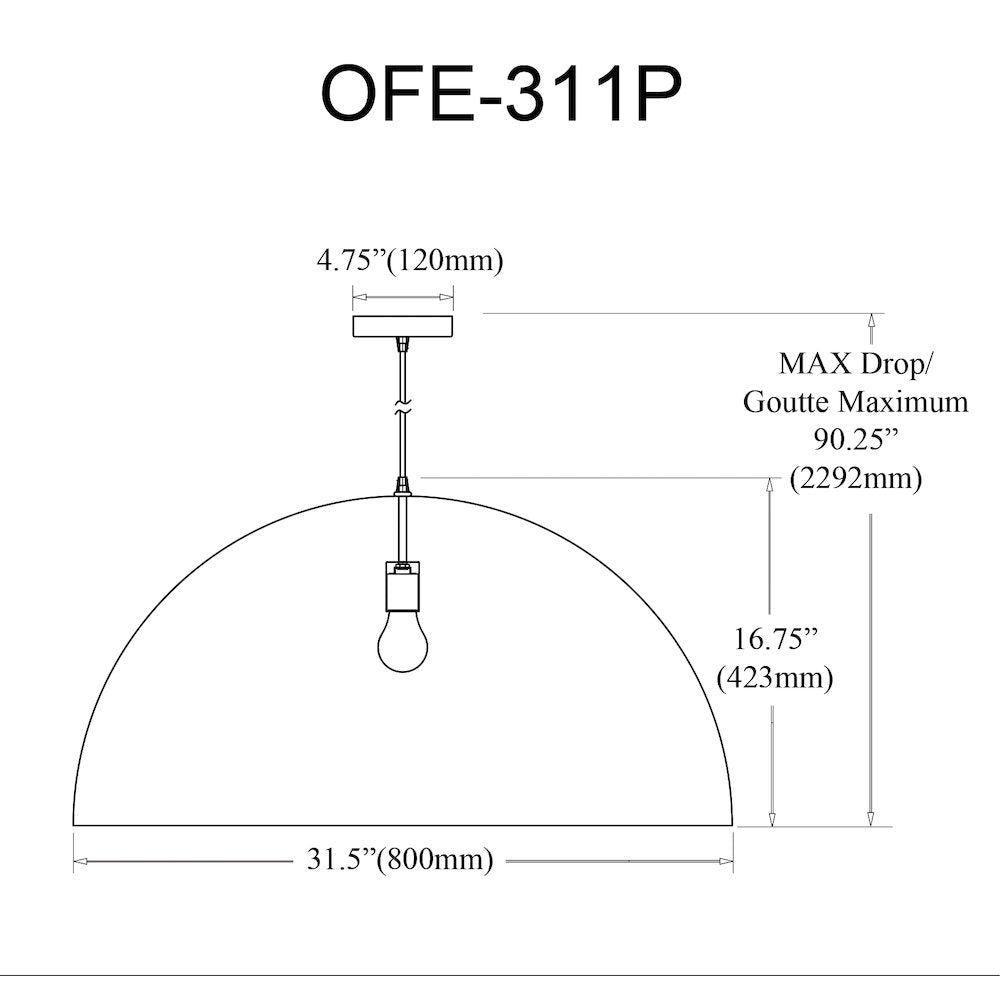 1 Light Incandescent Large Dome Pendant, Matte Black