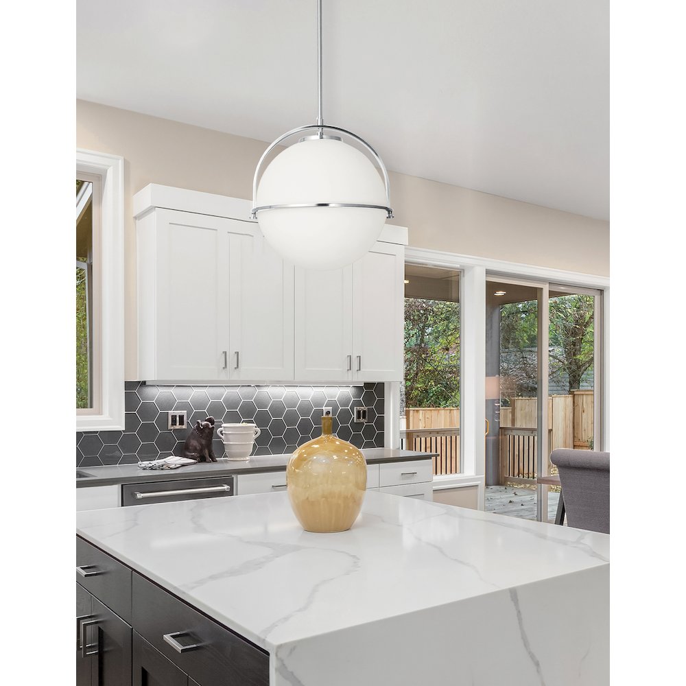 1 Light Incandescent Pendant Polished Chrome with White Opal Glass