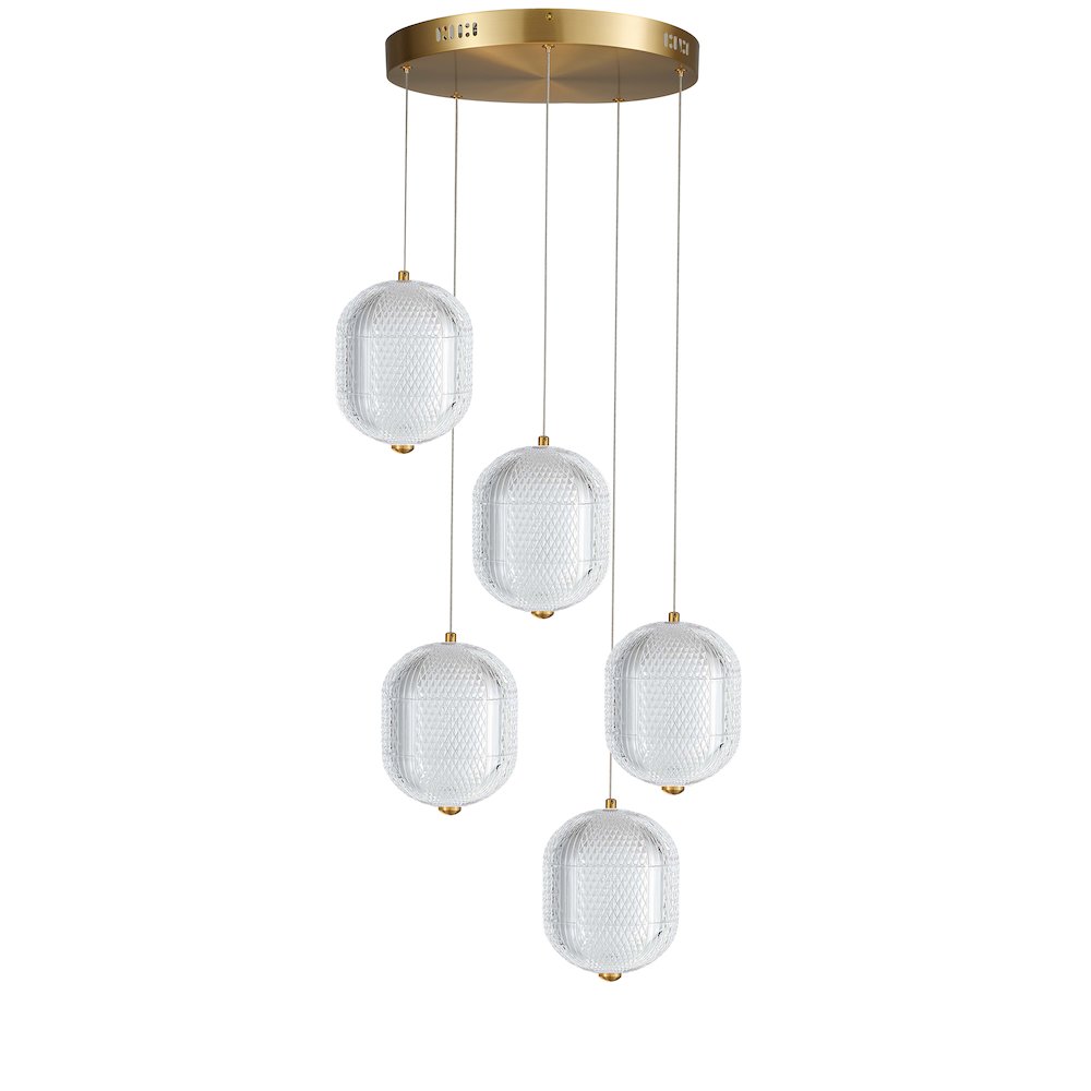 30W Multi Light Pendant in Aged Brass w/ Clear Pattern Acrylic