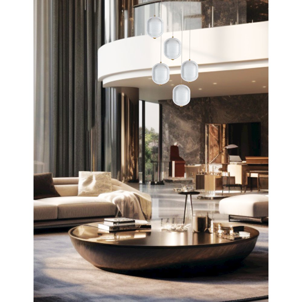 30W Multi Light Pendant in Aged Brass w/ Clear Pattern Acrylic