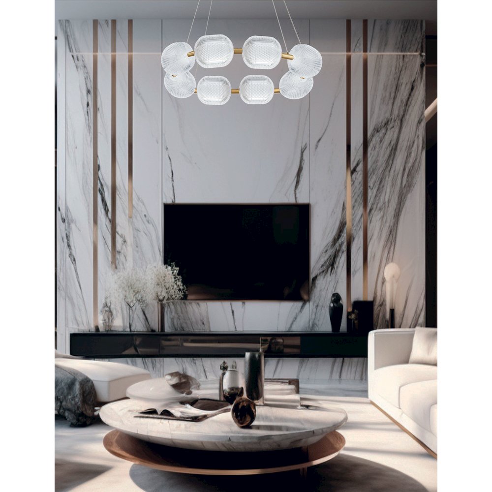 56W Chandelier in Aged Brass w/ Clear Pattern Acrylic