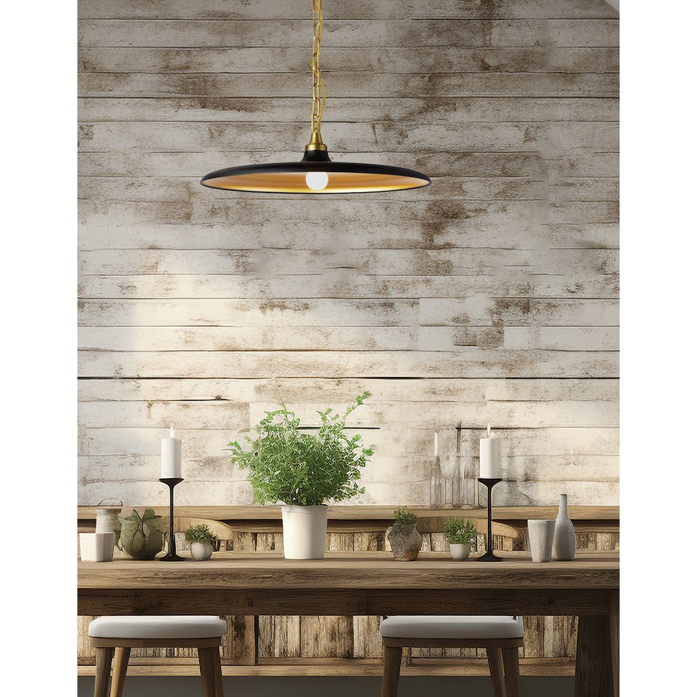 1 Light Pendant in Aged Brass w/ Matte Black & Gold Shade