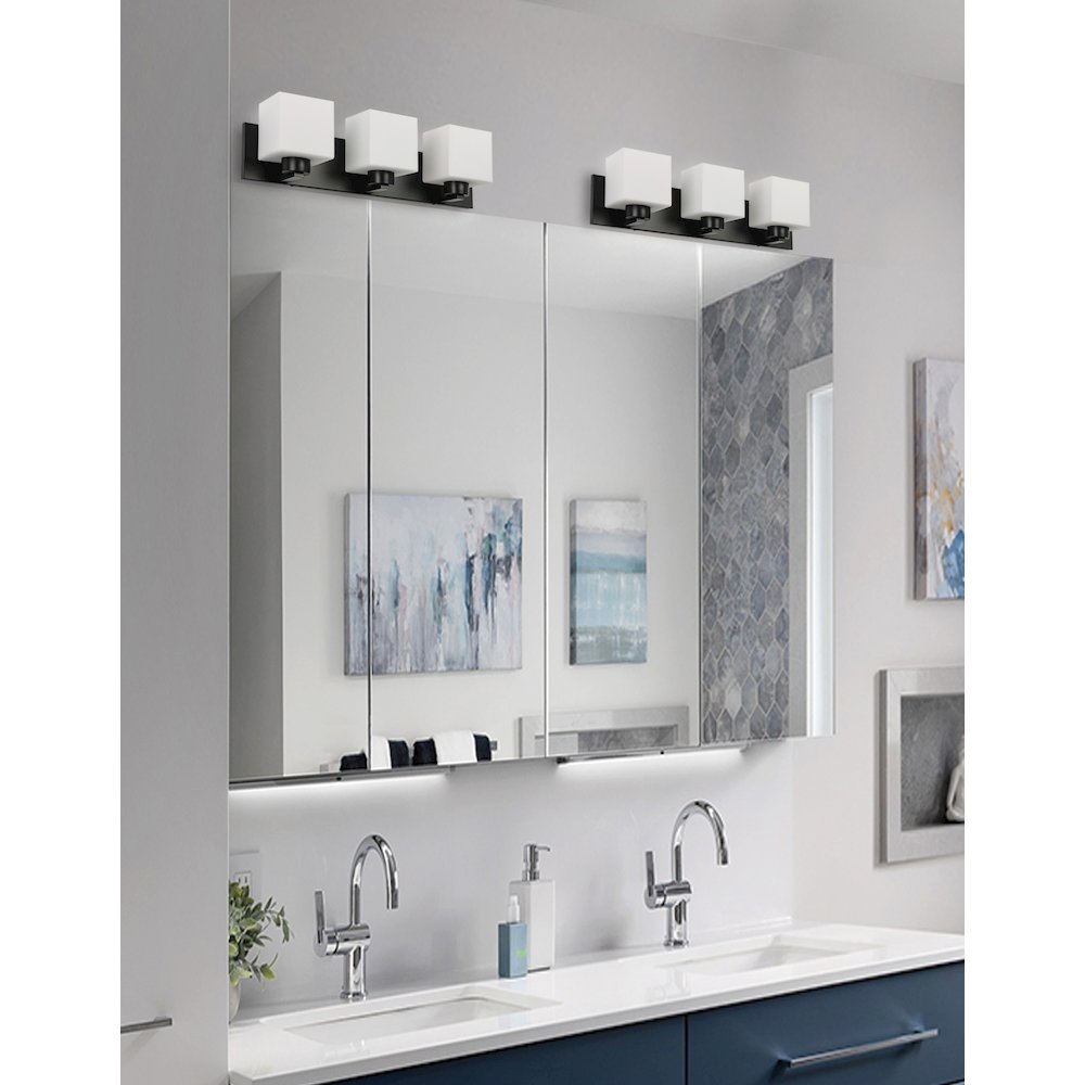 3 Light Vanity Matte Black with White Opal Glass