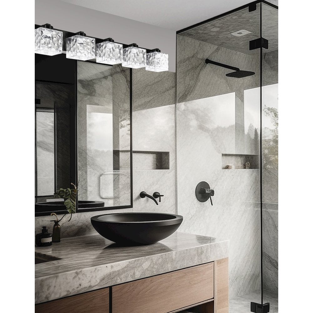 5 Light Vanity in Matte Black w/ Clear Water Glass