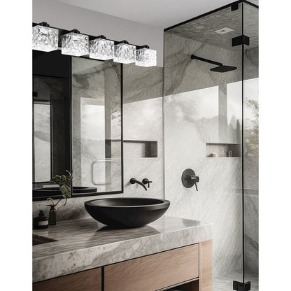 5 Light Vanity in Matte Black w/ Clear Water Glass