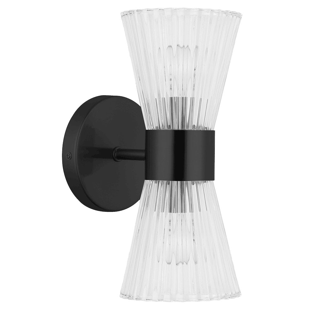 2 Light Incandescent Vanity Matte Black with Clear Ribbed Glass