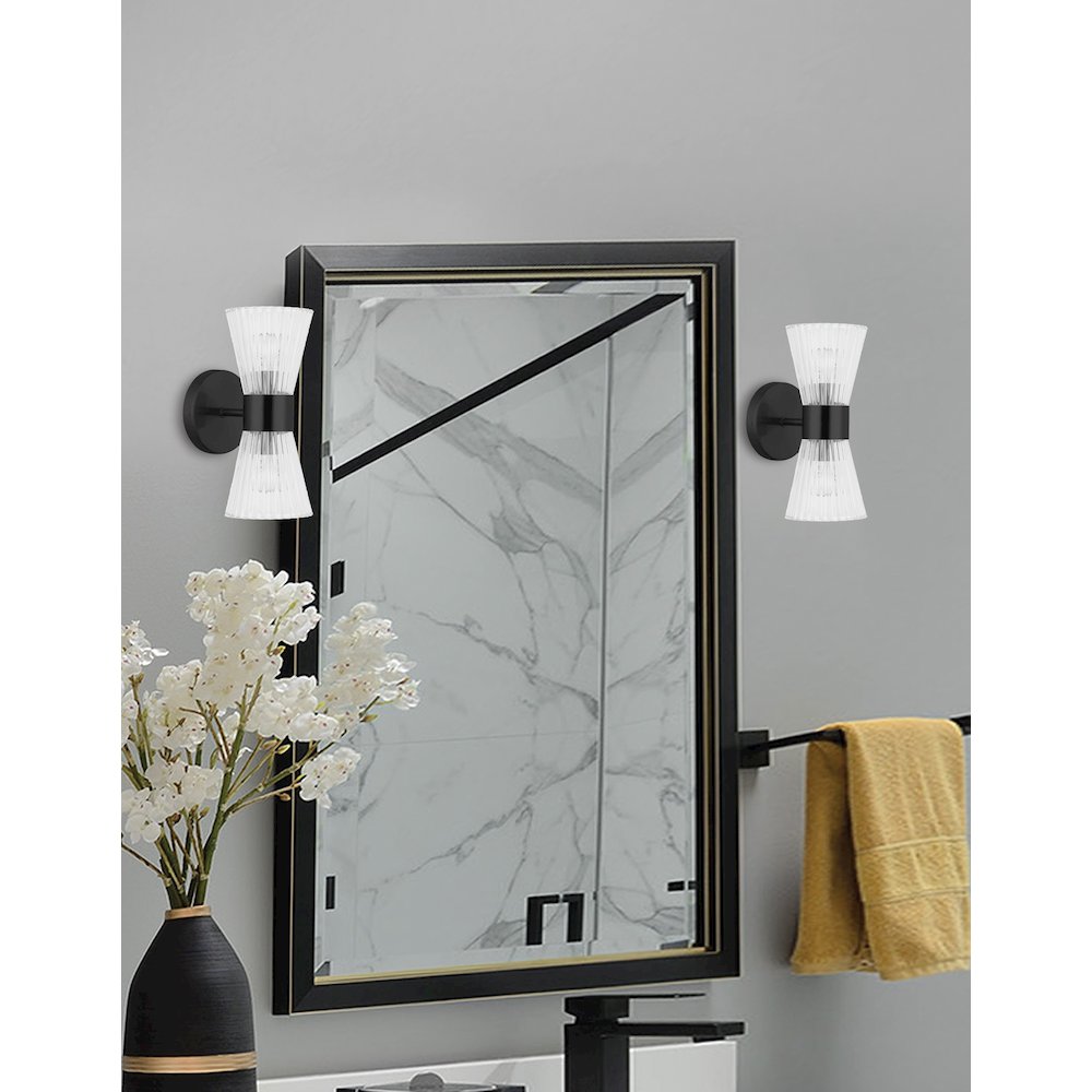 2 Light Incandescent Vanity Matte Black with Clear Ribbed Glass
