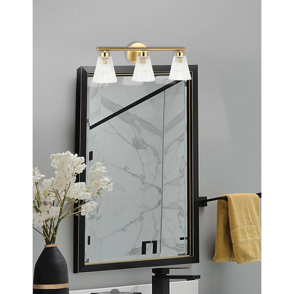 3 Light Incandescent Vanity Aged Brass with Clear Ribbed Glass