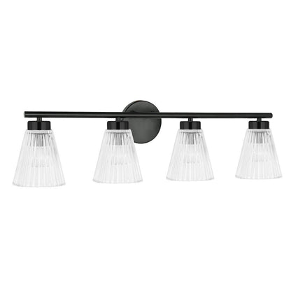 4 Light Incandescent Vanity Matte Black with Clear Ribbed Glass