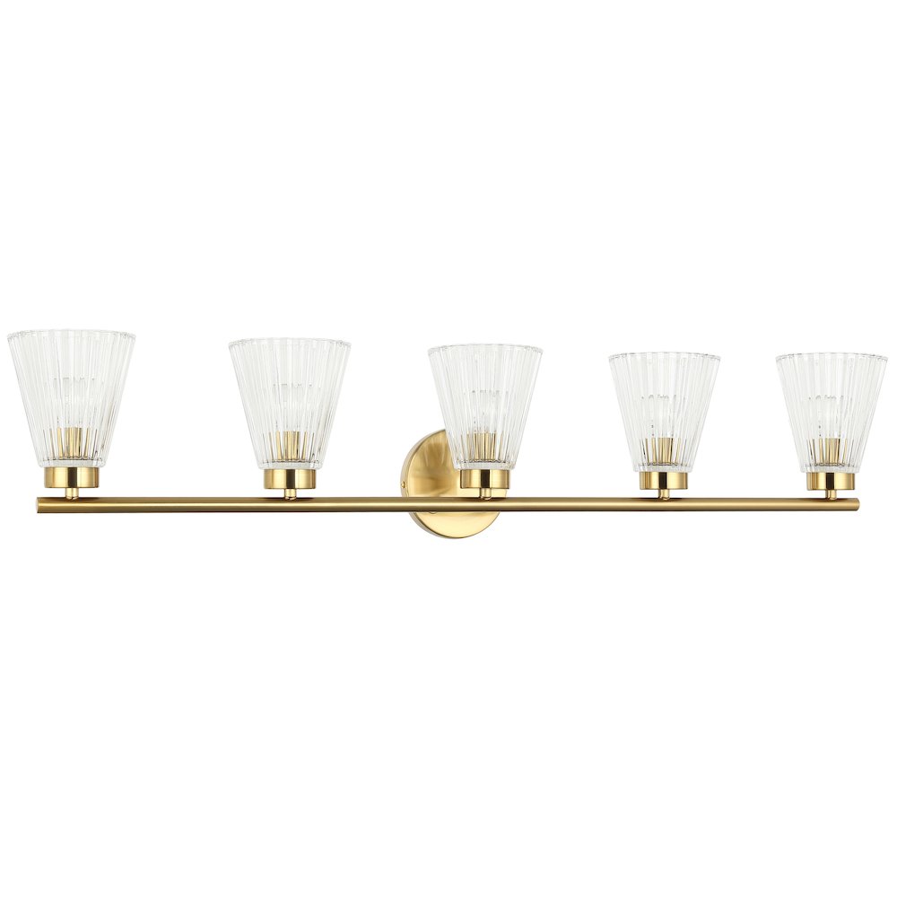 5 Light Incandescent Vanity Aged Brass with Clear Ribbed Glass