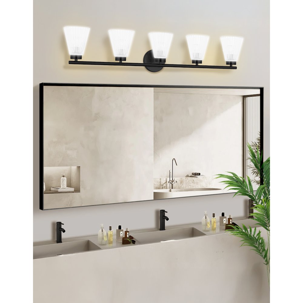 5 Light Incandescent Vanity Matte Black with Clear Ribbed Glass