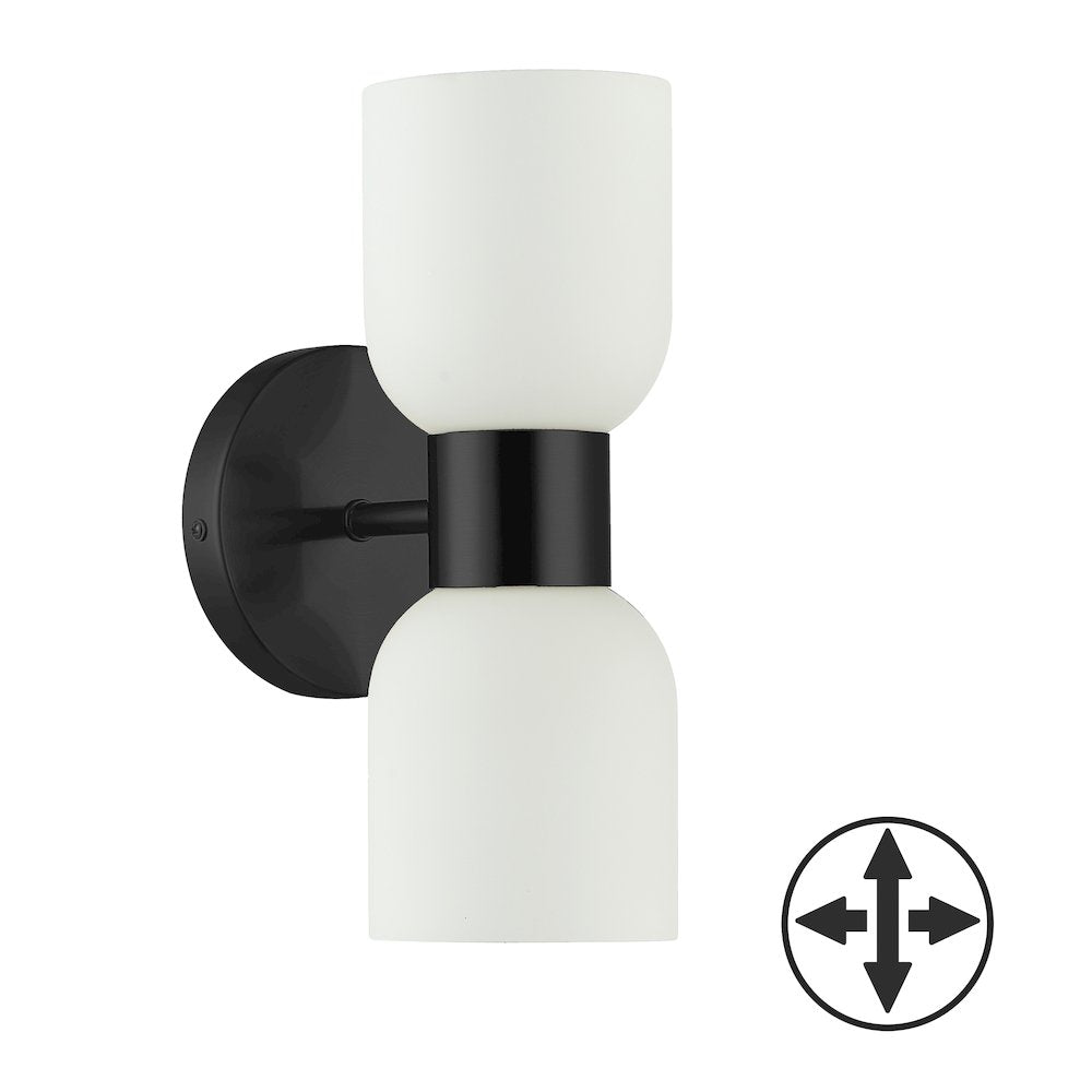 2 Light Matte Black Wall Sconce w/ Opal Glass