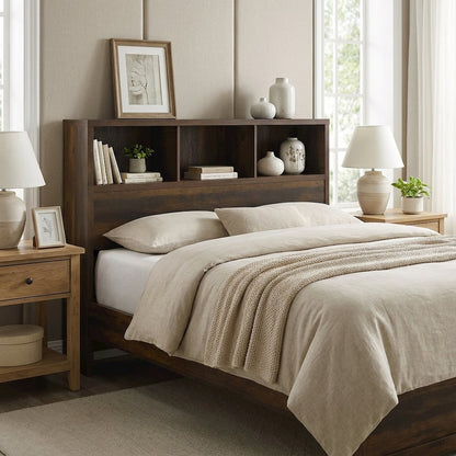 Dark Pine Queen Bookcase Headboard with Transitional Design and Durable Glide