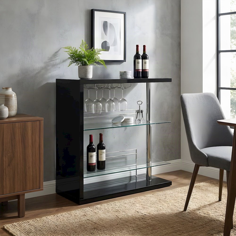 Engineered Wood Rectangular Wine Table with Bar Rack, Black High Gloss