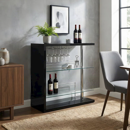 Engineered Wood Rectangular Wine Table with Bar Rack, Black High Gloss